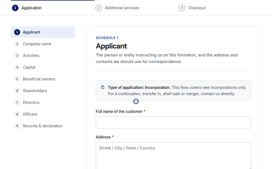 A recording of the application form: the applicant's name, address, email and telephone are
                    typed into Step 1, Continue moves on to Step 2, a company name and its ending are
                    chosen, and Continue moves on to Step 3.